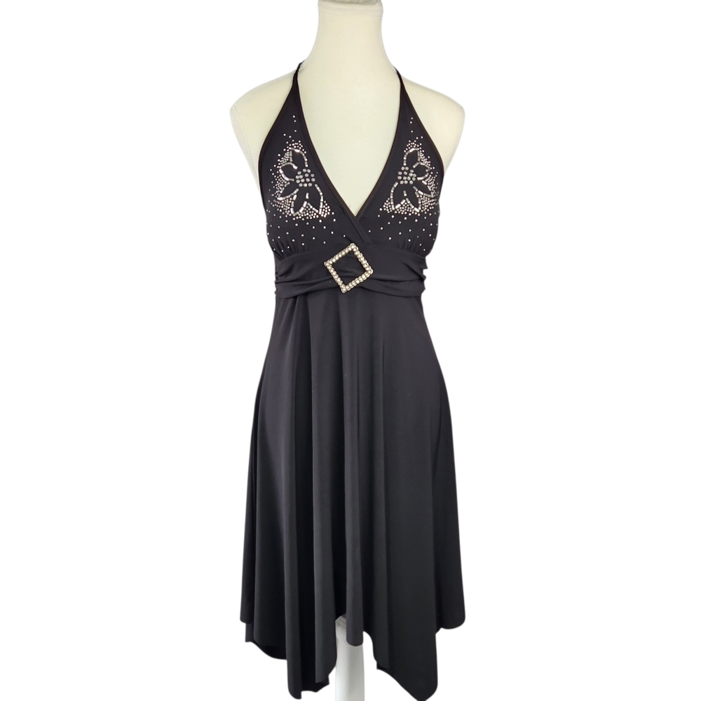 Black Rhinestone Halter Dress Size 6 – Embellished Floral Sparkle Party Cocktail
